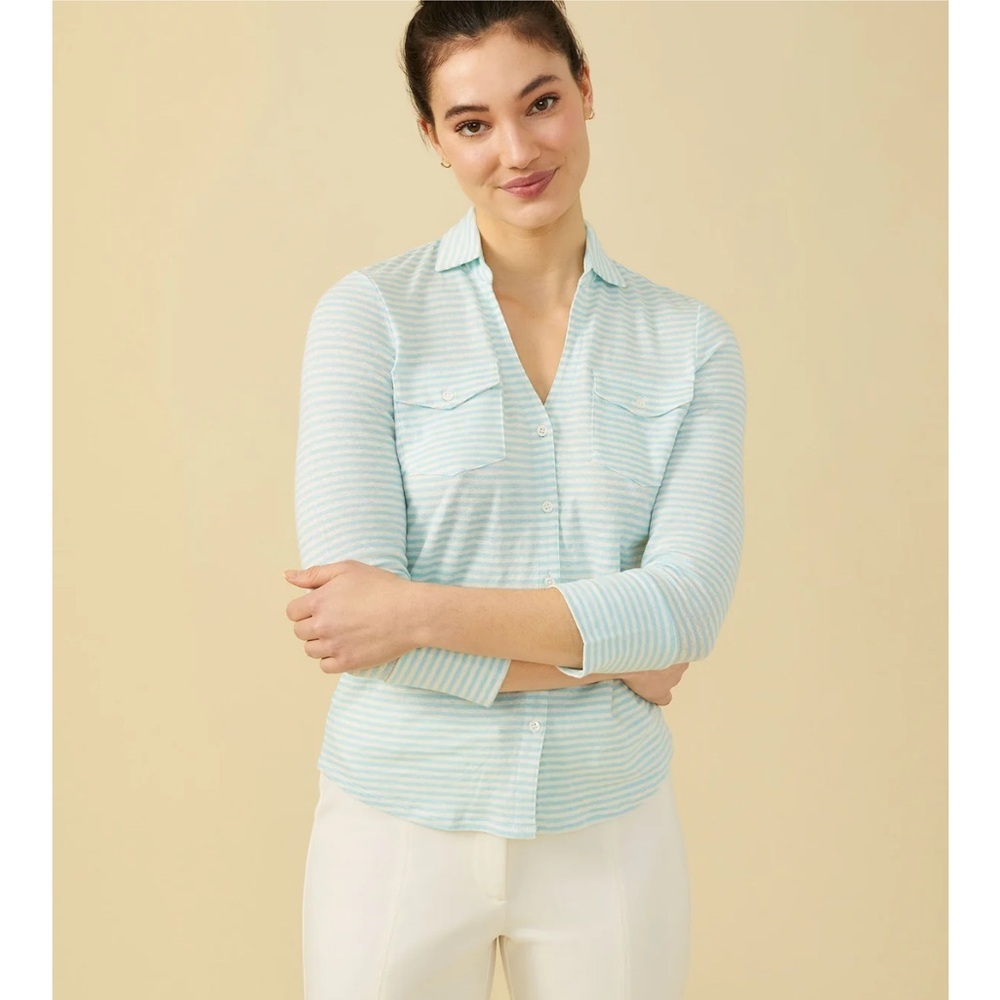 J. McLaughlin Brynn Linen Collared Shirt Blue White Stripe‎ Nautical Preppy